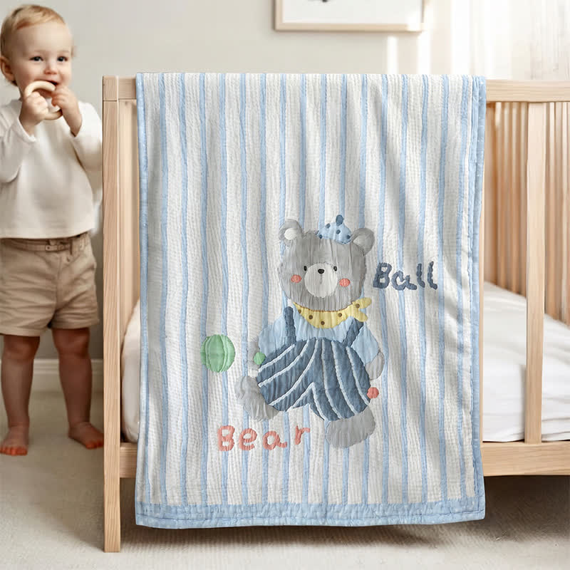 Couverture bébé matelassée en lyocell à motif ours rayé Ownkoti - Bleu - Double - image 0