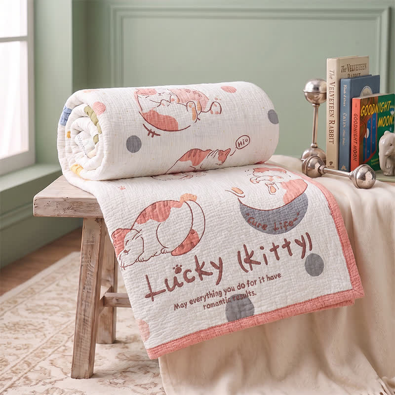 Couverture bébé matelassée en lyocell Ownkoti Lucky Kitty - Blanc et rose - Double - image 0