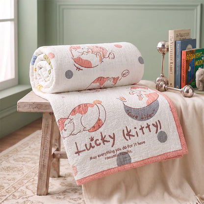 Couverture bébé matelassée en lyocell Ownkoti Lucky Kitty - Blanc et rose - Double - image 0