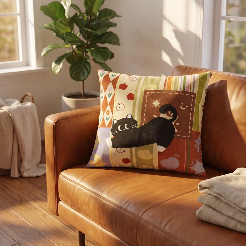 Coussin décoratif Ownkoti à motif chat noir patchwork fantaisiste - image 2