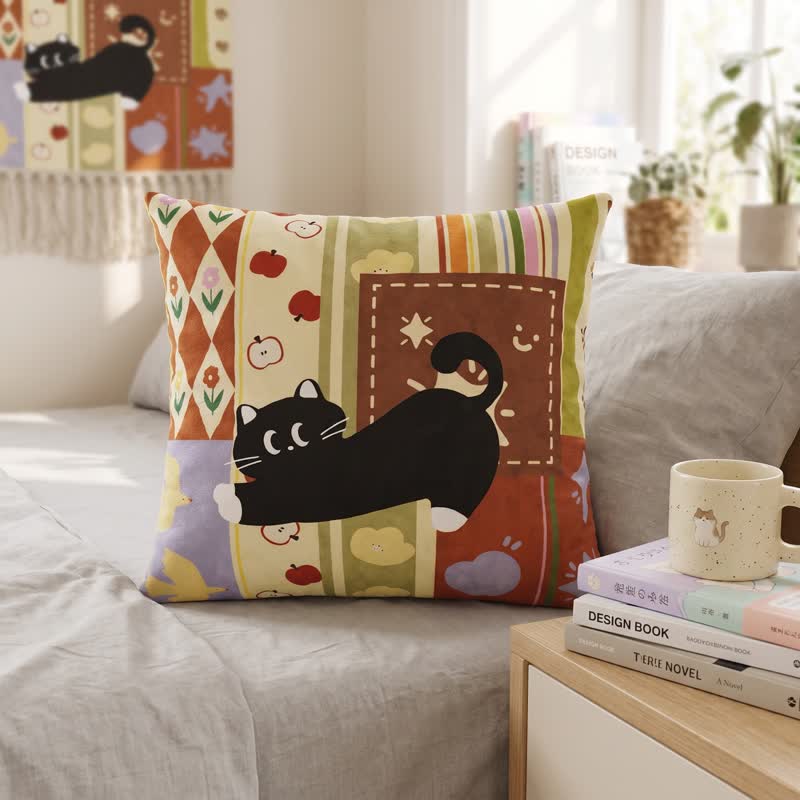 Coussin décoratif Ownkoti à motif chat noir patchwork fantaisiste - 20" × 20" - Couverture + Insert - image 0