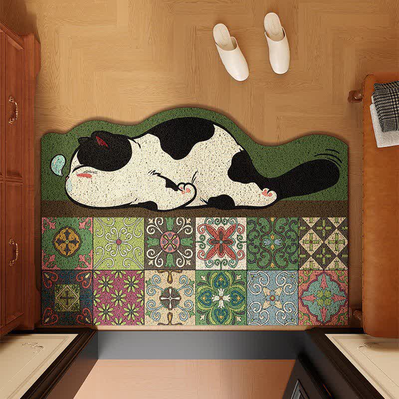 Tapis d'entrée Ownkoti Chat endormi à carreaux festonnés - Vert olive - 32" × 47" - image 0