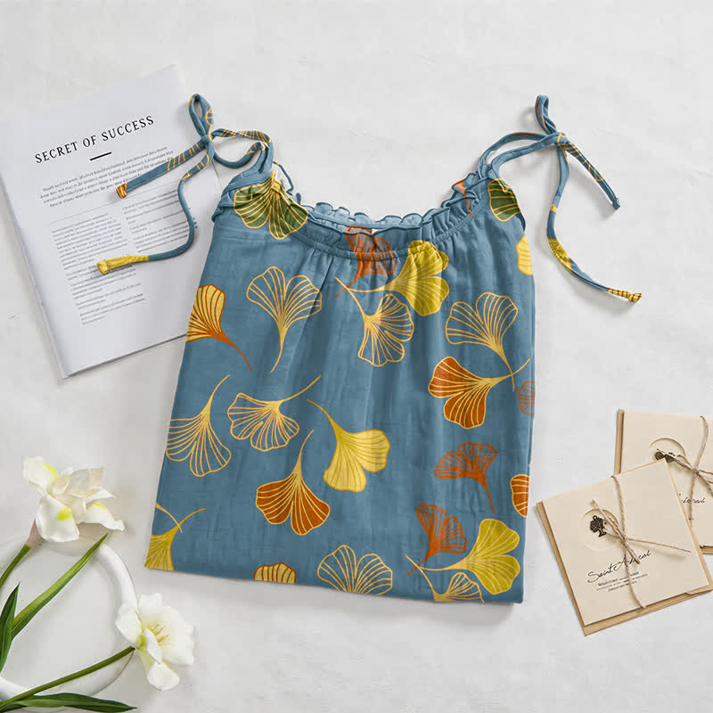 Robe midi d'intérieur à bretelles et motif feuille de ginkgo Ownkoti - image 2