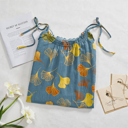 Robe midi d'intérieur à bretelles et motif feuille de ginkgo Ownkoti - image 2