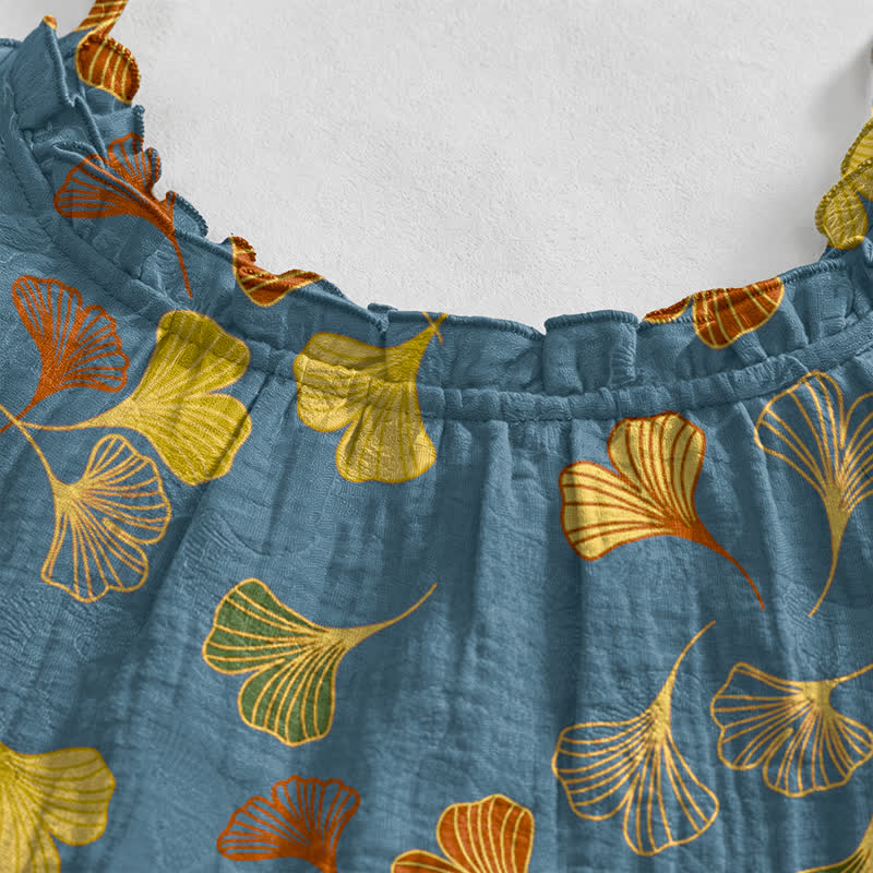 Robe midi d'intérieur à bretelles et motif feuille de ginkgo Ownkoti - image 3