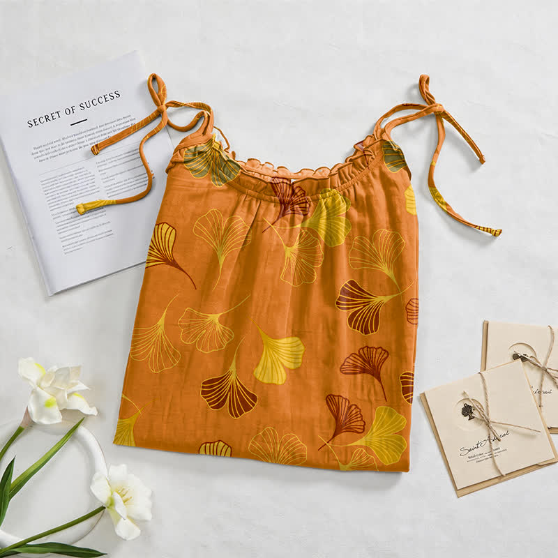 Robe midi d'intérieur à bretelles et motif feuille de ginkgo Ownkoti - image 7