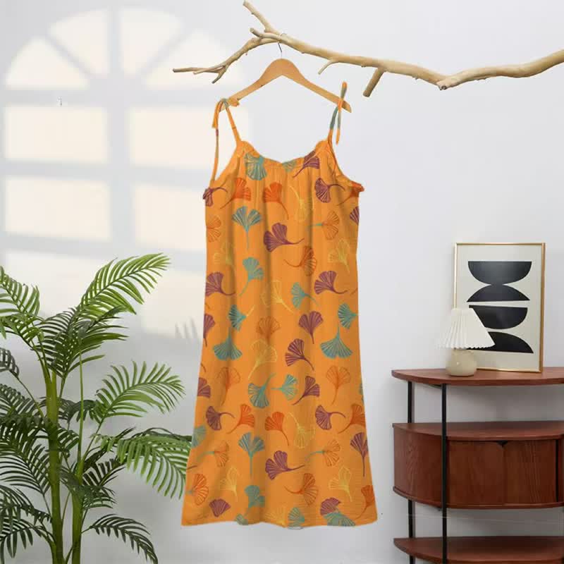 Robe midi d'intérieur à bretelles et motif feuille de ginkgo Ownkoti - image 6