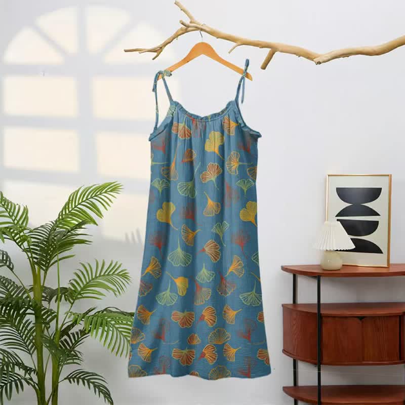 Robe midi d'intérieur à bretelles et motif feuille de ginkgo Ownkoti - image 1