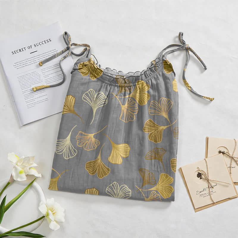 Robe midi d'intérieur à bretelles et motif feuille de ginkgo Ownkoti - image 17