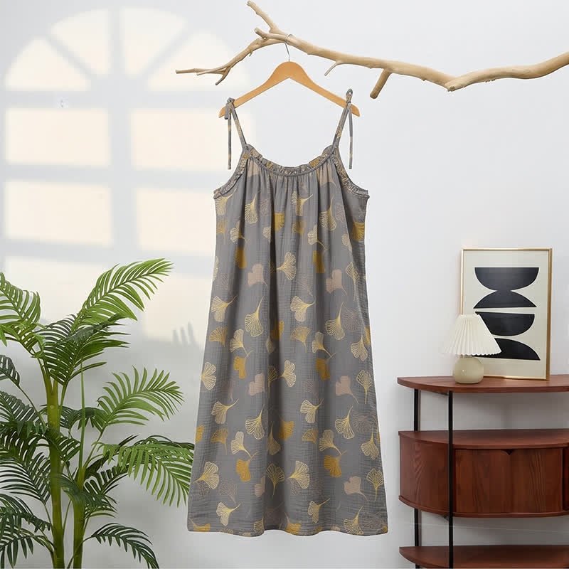 Robe midi d'intérieur à bretelles et motif feuille de ginkgo Ownkoti - image 16