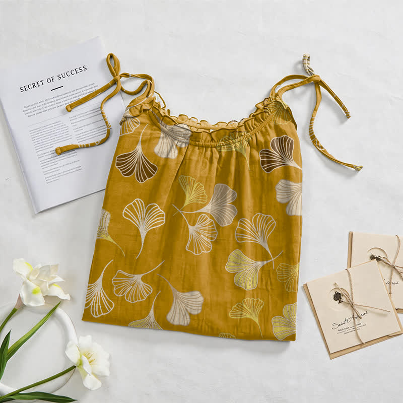 Robe midi d'intérieur à bretelles et motif feuille de ginkgo Ownkoti - image 22