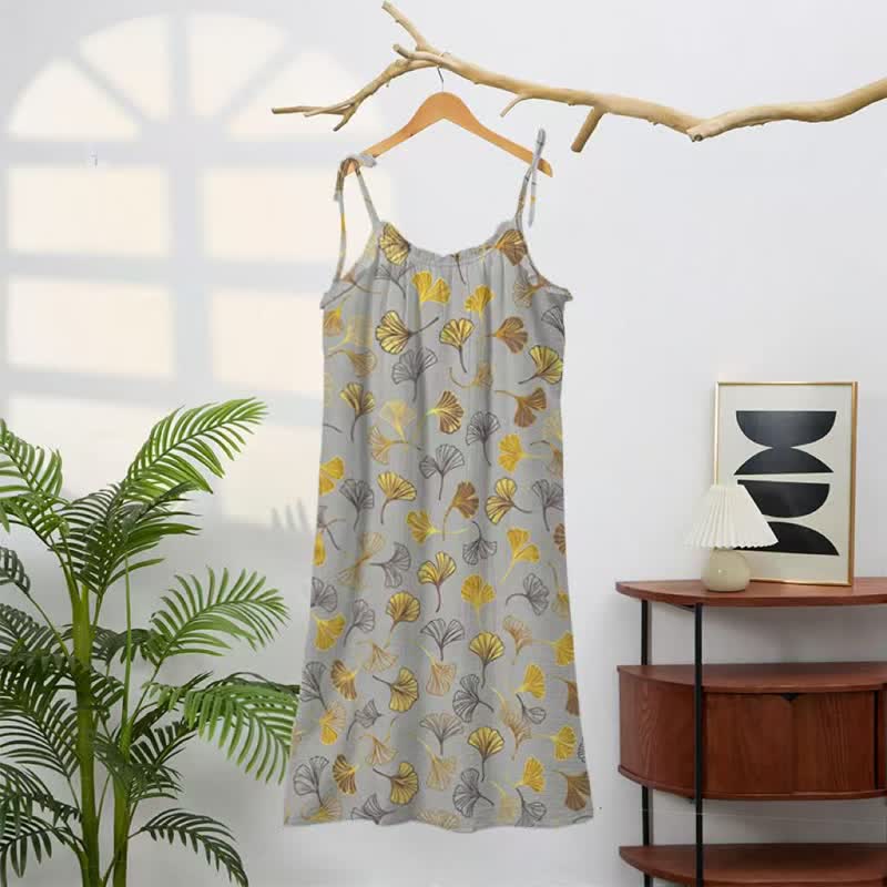 Robe midi d'intérieur à bretelles et motif feuille de ginkgo Ownkoti - image 26
