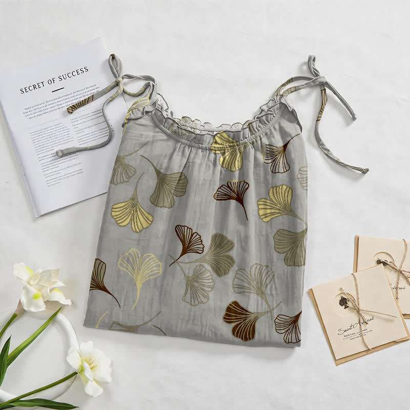 Robe midi d'intérieur à bretelles et motif feuille de ginkgo Ownkoti - image 27