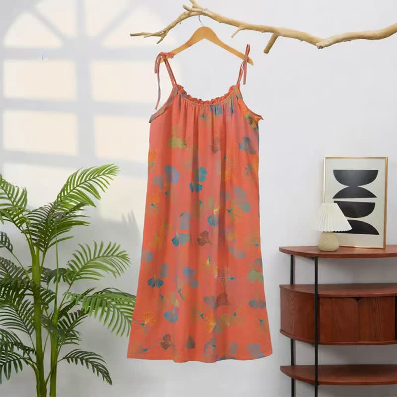 Robe midi d'intérieur à bretelles et motif feuille de ginkgo Ownkoti - image 31