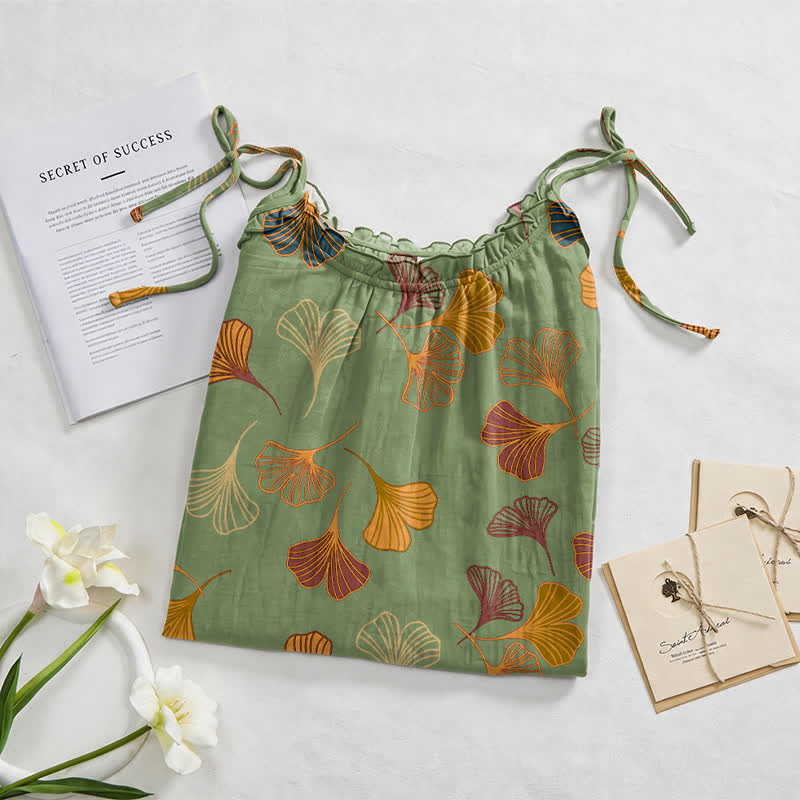 Robe midi d'intérieur à bretelles et motif feuille de ginkgo Ownkoti - image 42