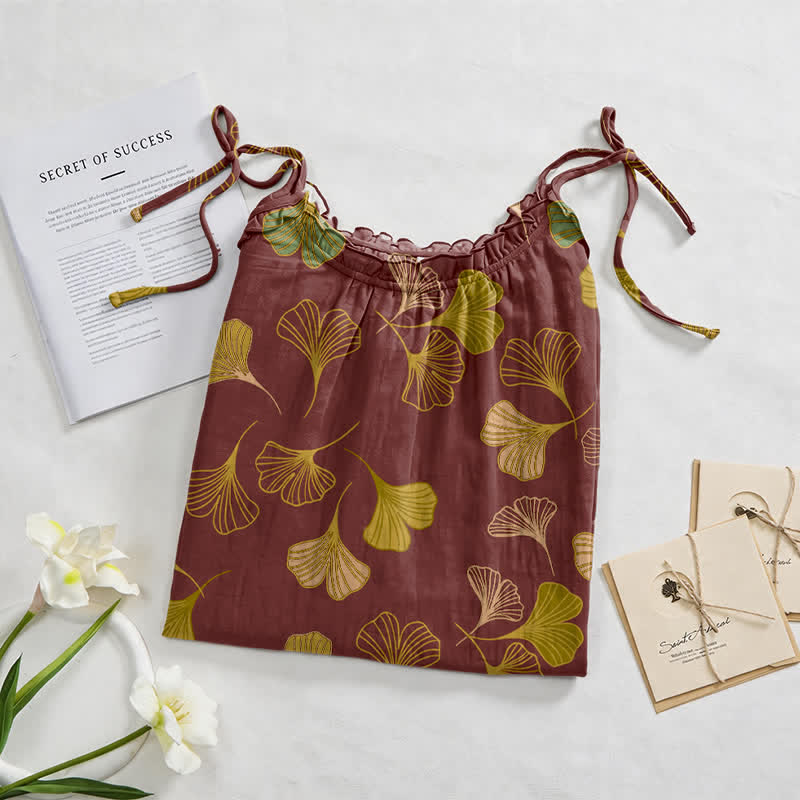 Robe midi d'intérieur à bretelles et motif feuille de ginkgo Ownkoti - image 47
