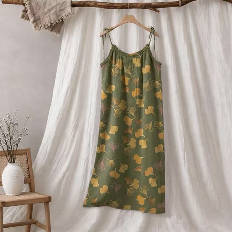 Robe midi d'intérieur à bretelles et motif feuille de ginkgo Ownkoti - Vert et jaune - XL - image 50