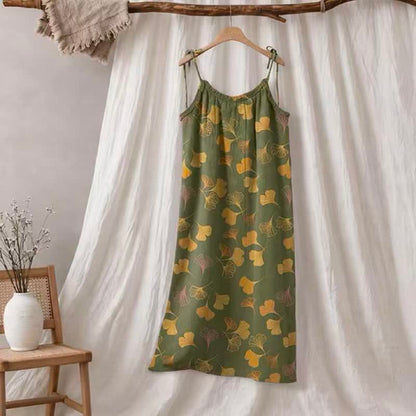 Robe midi d'intérieur à bretelles et motif feuille de ginkgo Ownkoti - Vert et jaune - XL - image 50