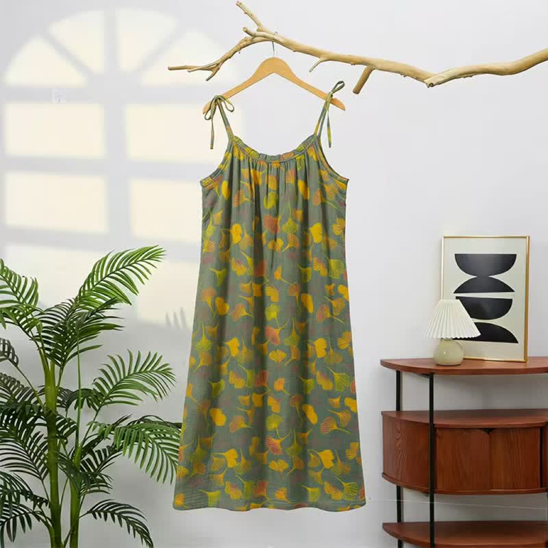 Robe midi d'intérieur à bretelles et motif feuille de ginkgo Ownkoti - image 51