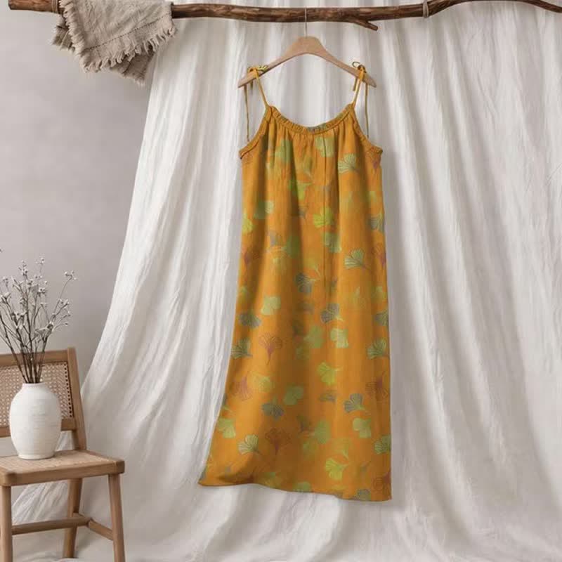 Robe midi d'intérieur à bretelles et motif feuille de ginkgo Ownkoti - Jaune et vert - XL - image 55