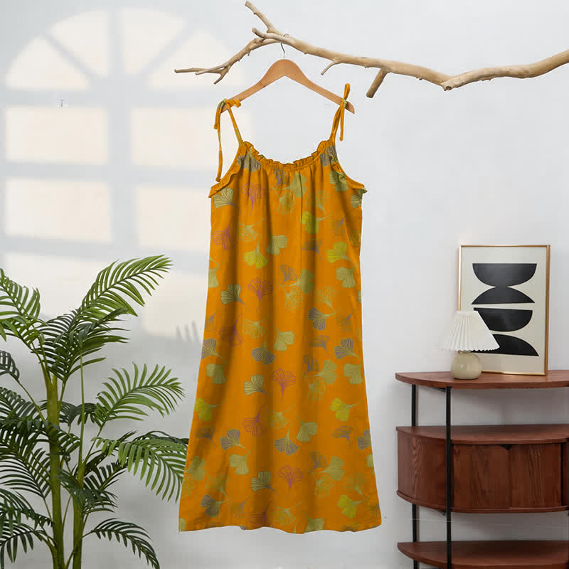 Robe midi d'intérieur à bretelles et motif feuille de ginkgo Ownkoti - image 56