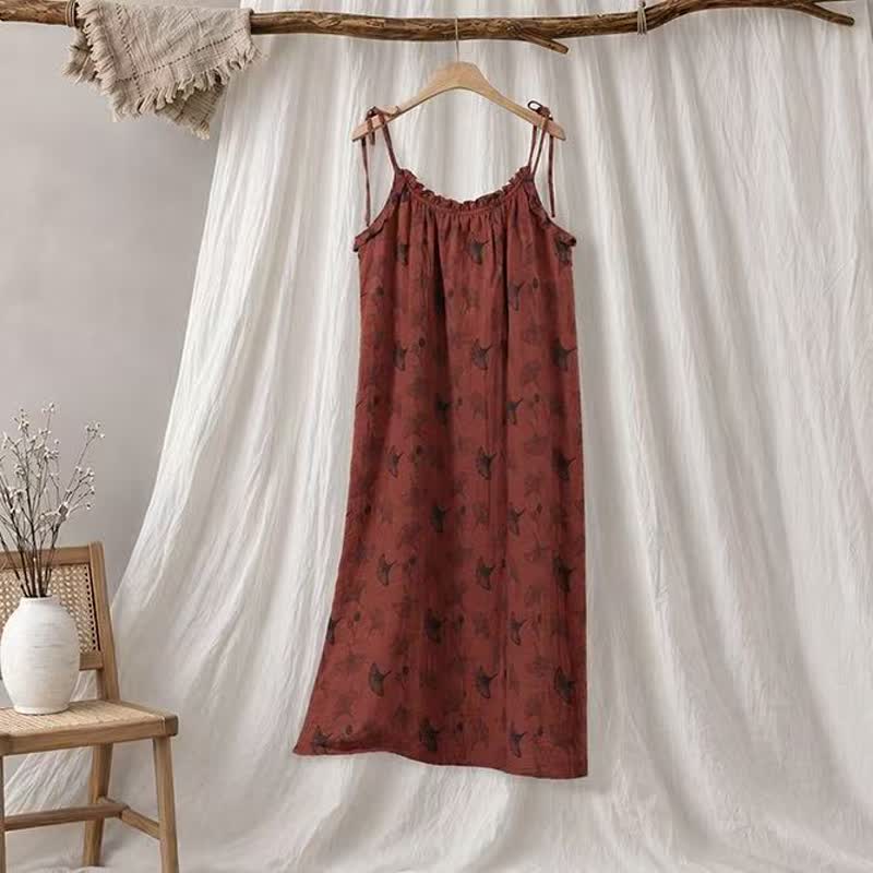 Robe midi d'intérieur à bretelles et motif feuille de ginkgo Ownkoti - Rouge et noir - XL - image 60
