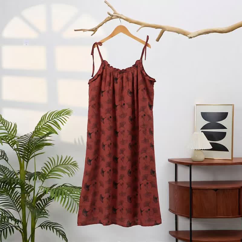 Robe midi d'intérieur à bretelles et motif feuille de ginkgo Ownkoti - image 61