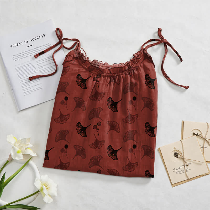 Robe midi d'intérieur à bretelles et motif feuille de ginkgo Ownkoti - image 62