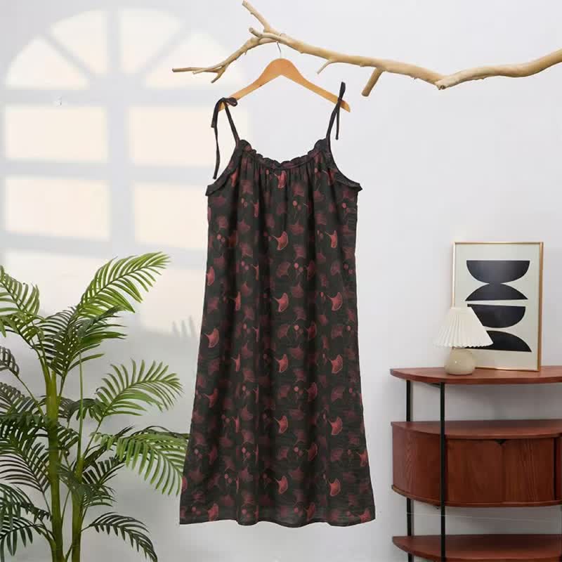 Robe midi d'intérieur à bretelles et motif feuille de ginkgo Ownkoti - image 66