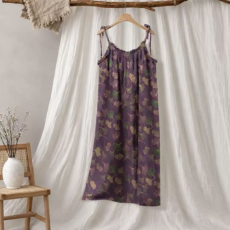 Robe midi d'intérieur à bretelles et motif feuille de ginkgo Ownkoti - Violet et vert - XL - image 70