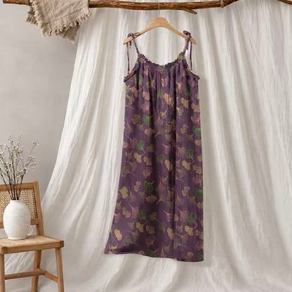 Robe midi d'intérieur à bretelles et motif feuille de ginkgo Ownkoti - Violet et vert - XL - image 70