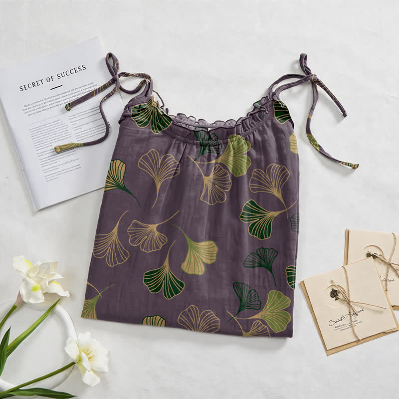 Robe midi d'intérieur à bretelles et motif feuille de ginkgo Ownkoti - image 72