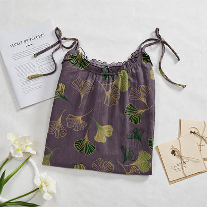 Robe midi d'intérieur à bretelles et motif feuille de ginkgo Ownkoti - image 72