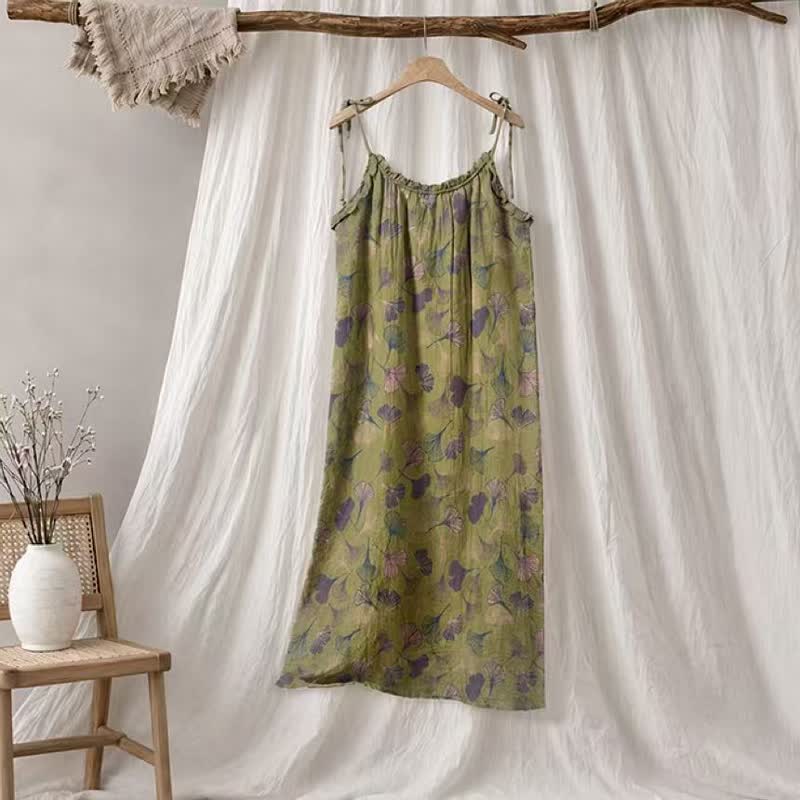Robe midi d'intérieur à bretelles et motif feuille de ginkgo Ownkoti - Vert et violet - XL - image 75