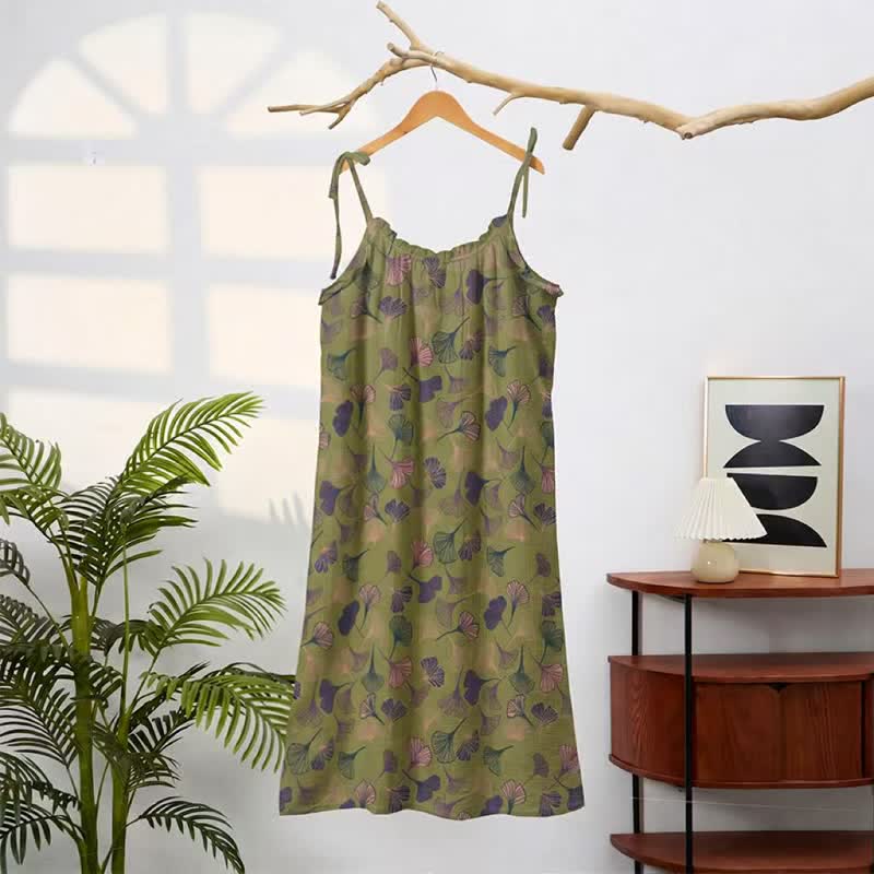 Robe midi d'intérieur à bretelles et motif feuille de ginkgo Ownkoti - image 76