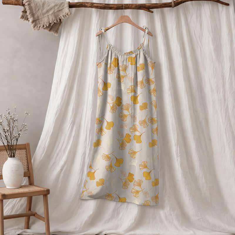 Robe midi d'intérieur à bretelles et motif feuille de ginkgo Ownkoti - Gris clair et orange - XL - image 80