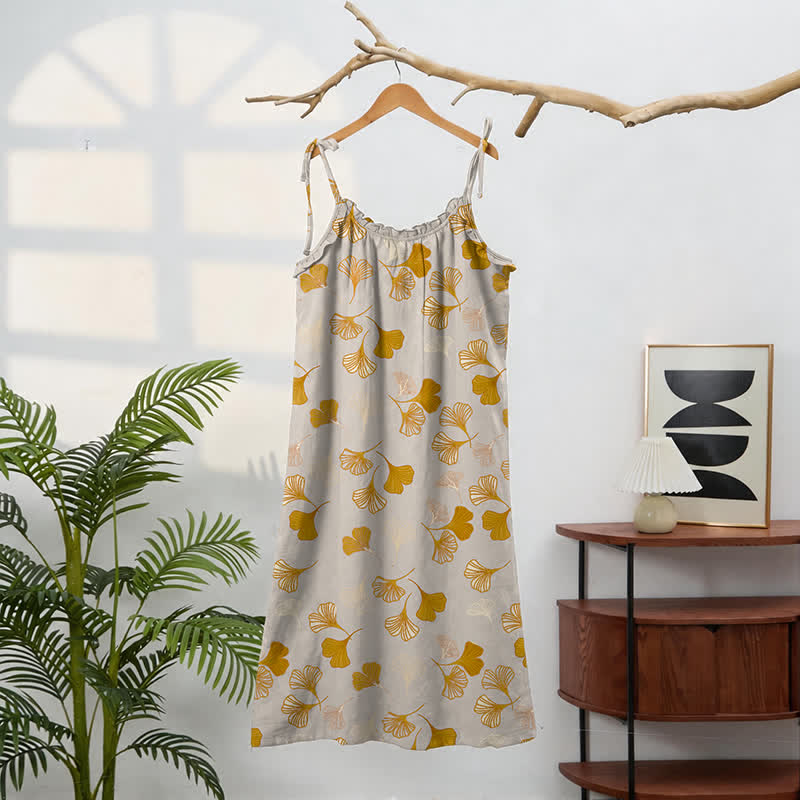Robe midi d'intérieur à bretelles et motif feuille de ginkgo Ownkoti - image 81