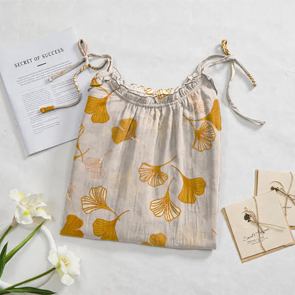 Robe midi d'intérieur à bretelles et motif feuille de ginkgo Ownkoti - image 82