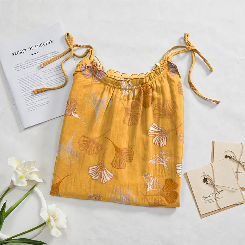 Robe midi d'intérieur à bretelles et motif feuille de ginkgo Ownkoti - image 87