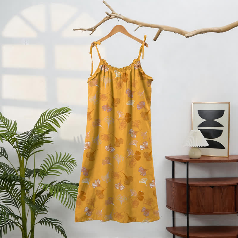 Robe midi d'intérieur à bretelles et motif feuille de ginkgo Ownkoti - image 86