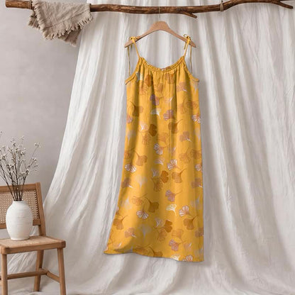 Robe midi d'intérieur à bretelles et motif feuille de ginkgo Ownkoti - Orange et gris clair - XL - image 85