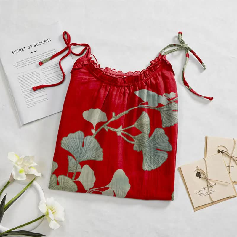 Robe longue de détente à bretelles et motif feuille de ginkgo Ownkoti - image 2