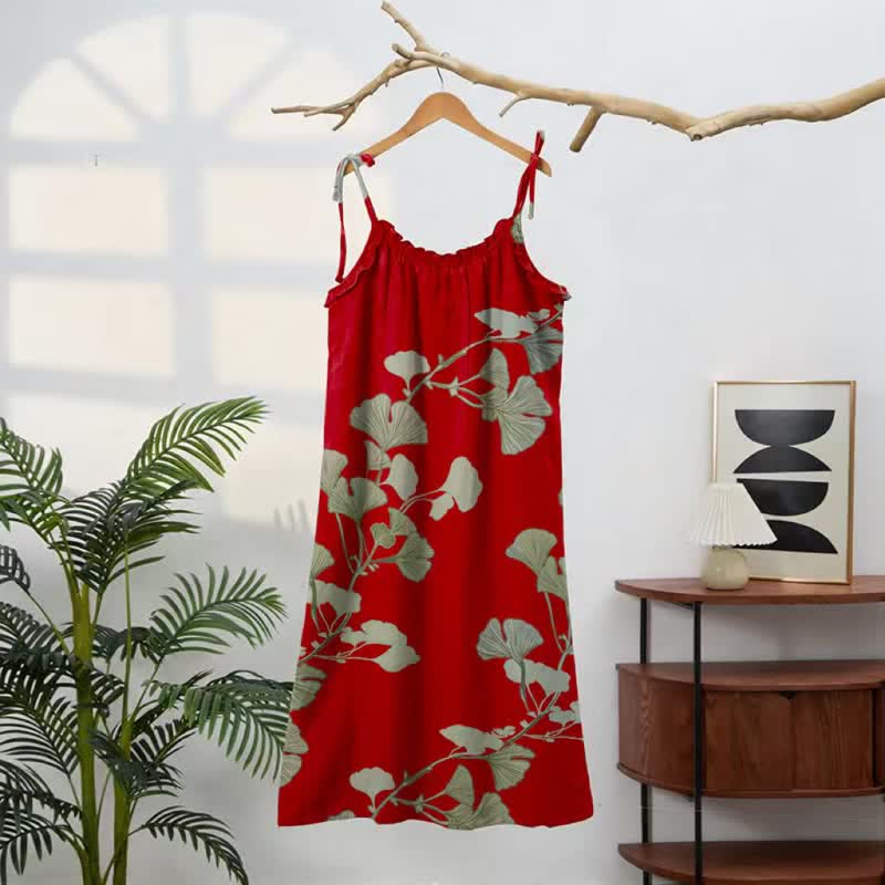 Robe longue de détente à bretelles et motif feuille de ginkgo Ownkoti - image 1