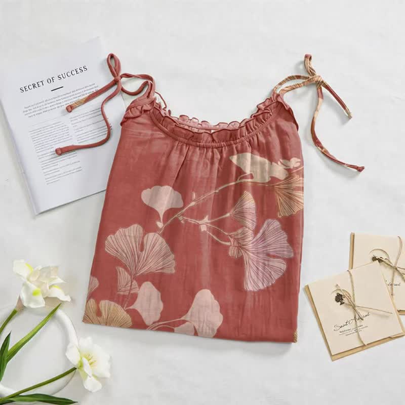 Robe longue de détente à bretelles et motif feuille de ginkgo Ownkoti - image 12