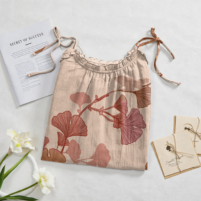 Robe longue de détente à bretelles et motif feuille de ginkgo Ownkoti - image 17