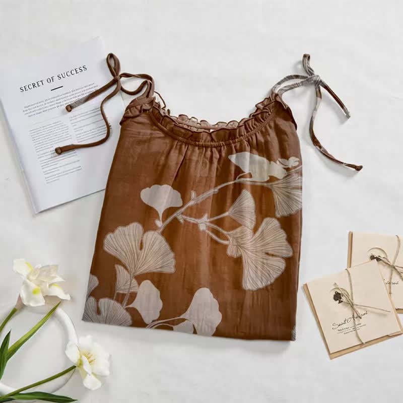 Robe longue de détente à bretelles et motif feuille de ginkgo Ownkoti - image 27