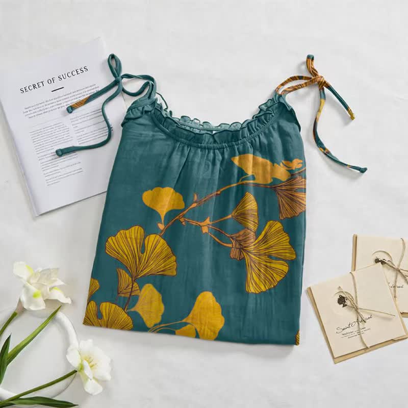 Robe longue de détente à bretelles et motif feuille de ginkgo Ownkoti - image 42