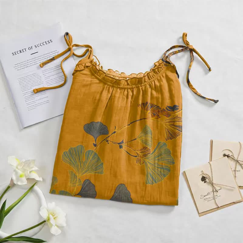 Robe longue de détente à bretelles et motif feuille de ginkgo Ownkoti - image 47