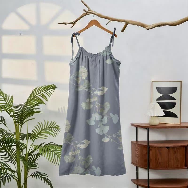 Robe midi d'intérieur en coton à bretelles et motif feuille de ginkgo Ownkoti - image 1