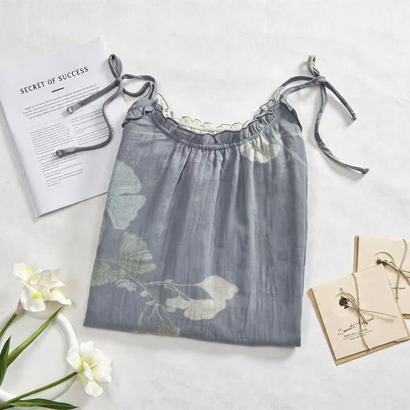 Robe midi d'intérieur en coton à bretelles et motif feuille de ginkgo Ownkoti - image 2